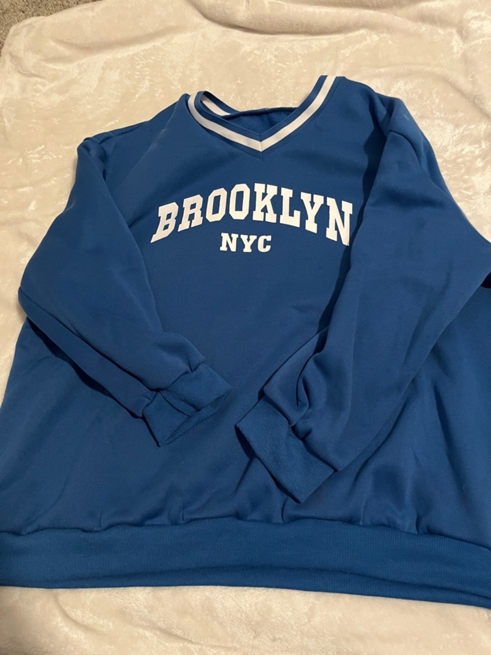 SHEIN Blue V-Neck 'BROOKLYN NYC' Pullover Sweater